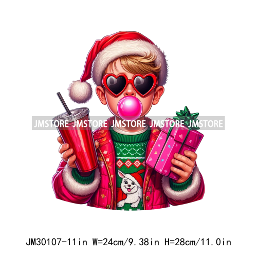 Pink Pop Christmas Character With Sunglasses Blowing Bubble Coffee Gift Iron On DTF Transfer Stickers Ready To Press For Hoodies