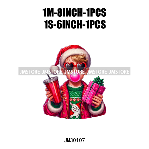 Pink Pop Christmas Character With Sunglasses Blowing Bubble Coffee Gift Iron On DTF Transfer Stickers Ready To Press For Hoodies