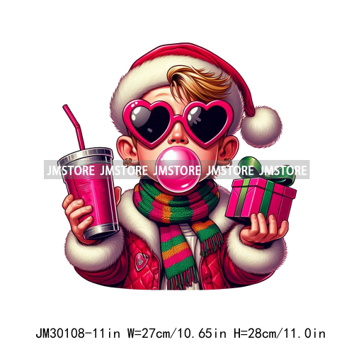 Pink Pop Christmas Character With Sunglasses Blowing Bubble Coffee Gift Iron On DTF Transfer Stickers Ready To Press For Hoodies