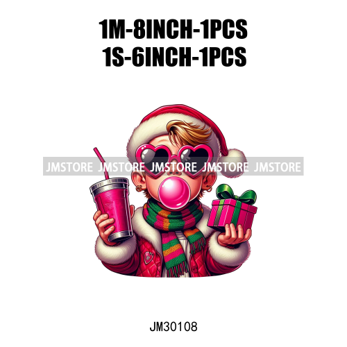 Pink Pop Christmas Character With Sunglasses Blowing Bubble Coffee Gift Iron On DTF Transfer Stickers Ready To Press For Hoodies