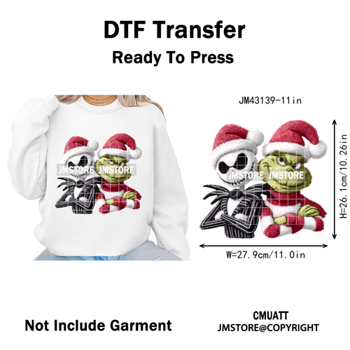 Trendy Faux Yarn Green Guy Santa Character Christmas Vibes Iron on Washable DTF Transfers Stickers Ready to Press for Textiles