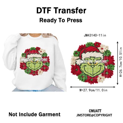 Trendy Faux Yarn Green Guy Santa Character Christmas Vibes Iron on Washable DTF Transfers Stickers Ready to Press for Textiles