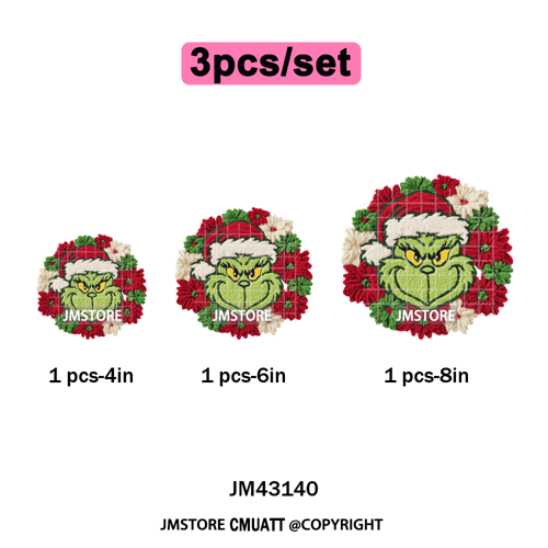 Trendy Faux Yarn Green Guy Santa Character Christmas Vibes Iron on Washable DTF Transfers Stickers Ready to Press for Textiles