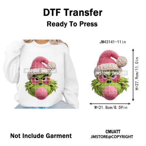 Trendy Faux Yarn Green Guy Santa Character Christmas Vibes Iron on Washable DTF Transfers Stickers Ready to Press for Textiles