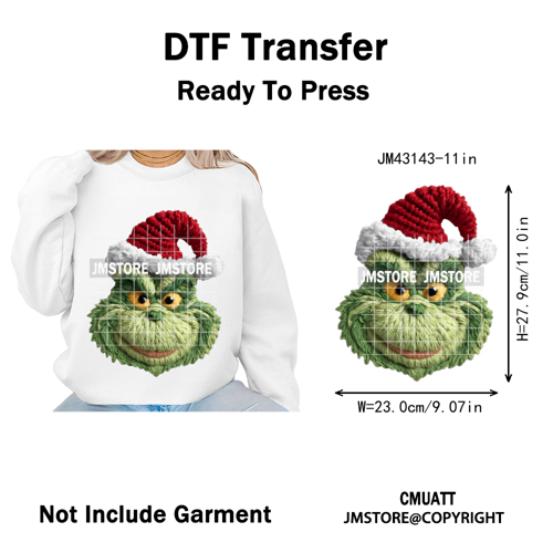 Trendy Faux Yarn Green Guy Santa Character Christmas Vibes Iron on Washable DTF Transfers Stickers Ready to Press for Textiles