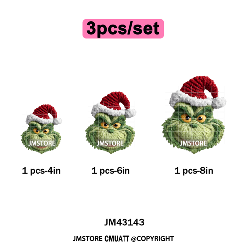 Trendy Faux Yarn Green Guy Santa Character Christmas Vibes Iron on Washable DTF Transfers Stickers Ready to Press for Textiles