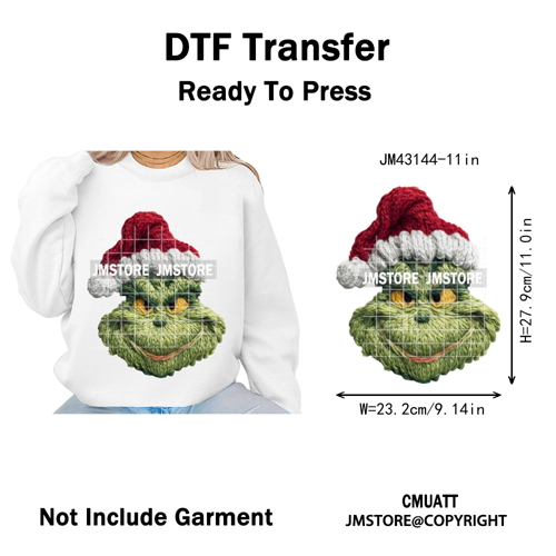 Trendy Faux Yarn Green Guy Santa Character Christmas Vibes Iron on Washable DTF Transfers Stickers Ready to Press for Textiles