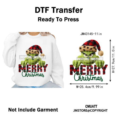 Trendy Faux Yarn Green Guy Santa Character Christmas Vibes Iron on Washable DTF Transfers Stickers Ready to Press for Textiles