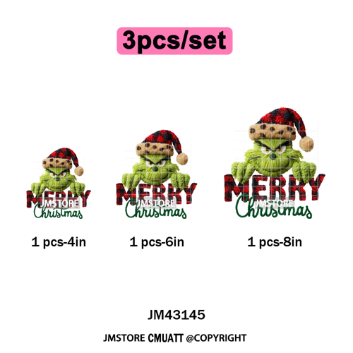 Trendy Faux Yarn Green Guy Santa Character Christmas Vibes Iron on Washable DTF Transfers Stickers Ready to Press for Textiles