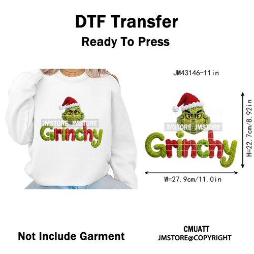 Trendy Faux Yarn Green Guy Santa Character Christmas Vibes Iron on Washable DTF Transfers Stickers Ready to Press for Textiles