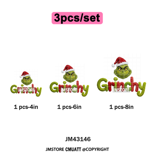 Trendy Faux Yarn Green Guy Santa Character Christmas Vibes Iron on Washable DTF Transfers Stickers Ready to Press for Textiles