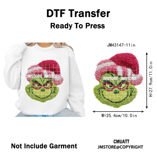 Trendy Faux Yarn Green Guy Santa Character Christmas Vibes Iron on Washable DTF Transfers Stickers Ready to Press for Textiles