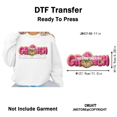 Trendy Faux Yarn Green Guy Santa Character Christmas Vibes Iron on Washable DTF Transfers Stickers Ready to Press for Textiles