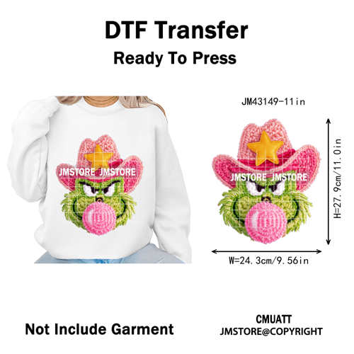 Trendy Faux Yarn Green Guy Santa Character Christmas Vibes Iron on Washable DTF Transfers Stickers Ready to Press for Textiles