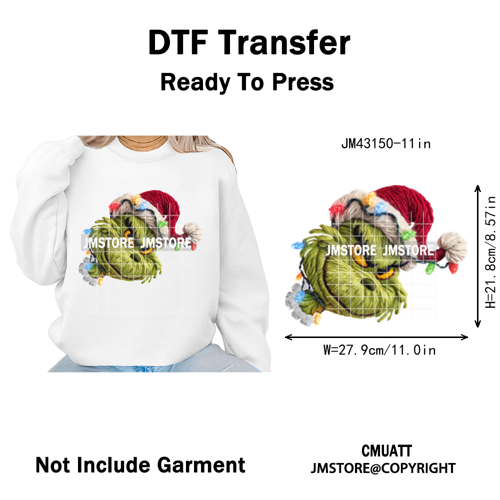 Trendy Faux Yarn Green Guy Santa Character Christmas Vibes Iron on Washable DTF Transfers Stickers Ready to Press for Textiles