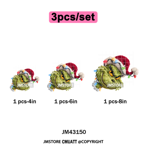 Trendy Faux Yarn Green Guy Santa Character Christmas Vibes Iron on Washable DTF Transfers Stickers Ready to Press for Textiles