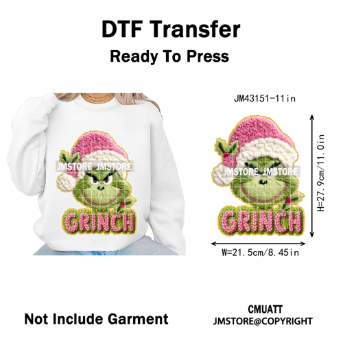 Trendy Faux Yarn Green Guy Santa Character Christmas Vibes Iron on Washable DTF Transfers Stickers Ready to Press for Textiles