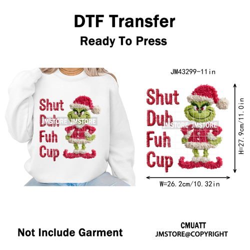 Trendy Faux Yarn Green Guy Santa Character Christmas Vibes Iron on Washable DTF Transfers Stickers Ready to Press for Textiles