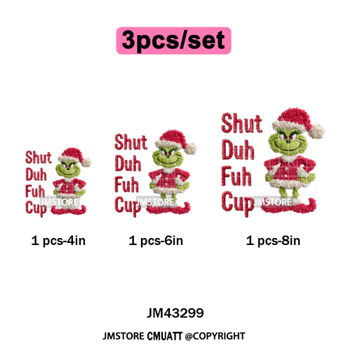 Trendy Faux Yarn Green Guy Santa Character Christmas Vibes Iron on Washable DTF Transfers Stickers Ready to Press for Textiles