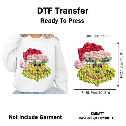 Trendy Faux Yarn Green Guy Santa Character Christmas Vibes Iron on Washable DTF Transfers Stickers Ready to Press for Textiles