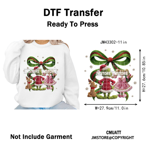 Trendy Faux Yarn Green Guy Santa Character Christmas Vibes Iron on Washable DTF Transfers Stickers Ready to Press for Textiles