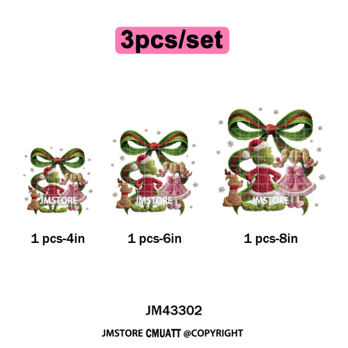 Trendy Faux Yarn Green Guy Santa Character Christmas Vibes Iron on Washable DTF Transfers Stickers Ready to Press for Textiles