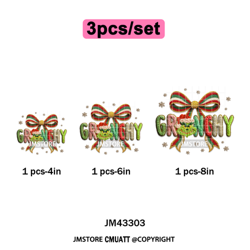 Trendy Faux Yarn Green Guy Santa Character Christmas Vibes Iron on Washable DTF Transfers Stickers Ready to Press for Textiles