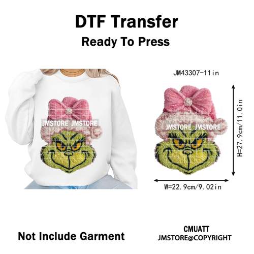 Trendy Faux Yarn Green Guy Santa Character Christmas Vibes Iron on Washable DTF Transfers Stickers Ready to Press for Textiles