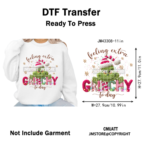 Trendy Faux Yarn Green Guy Santa Character Christmas Vibes Iron on Washable DTF Transfers Stickers Ready to Press for Textiles