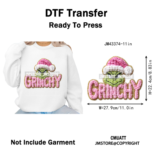 Latch Hook Faux Yarn Crochet Christmas Cartoon Green Santa Friends Iron on DTF Heat Transfer Stickers Ready to Press for Clothes