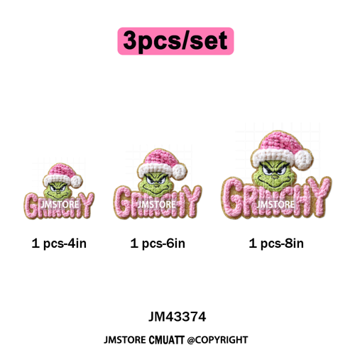 Latch Hook Faux Yarn Crochet Christmas Cartoon Green Santa Friends Iron on DTF Heat Transfer Stickers Ready to Press for Clothes