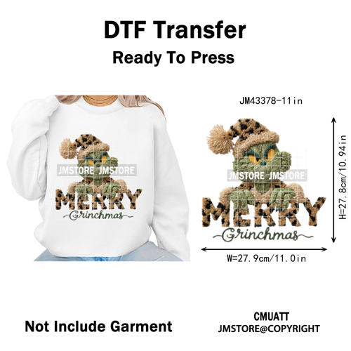 Latch Hook Faux Yarn Crochet Christmas Cartoon Green Santa Friends Iron on DTF Heat Transfer Stickers Ready to Press for Clothes