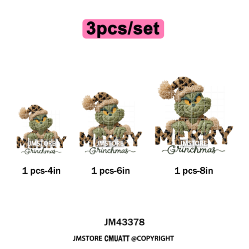 Latch Hook Faux Yarn Crochet Christmas Cartoon Green Santa Friends Iron on DTF Heat Transfer Stickers Ready to Press for Clothes