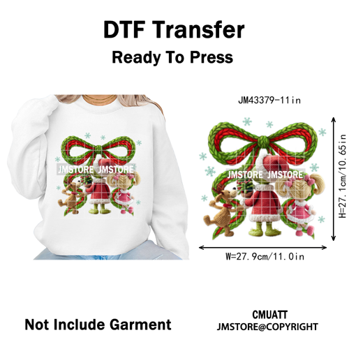 Latch Hook Faux Yarn Crochet Christmas Cartoon Green Santa Friends Iron on DTF Heat Transfer Stickers Ready to Press for Clothes