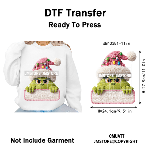 Latch Hook Faux Yarn Crochet Christmas Cartoon Green Santa Friends Iron on DTF Heat Transfer Stickers Ready to Press for Clothes