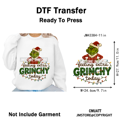 Latch Hook Faux Yarn Crochet Christmas Cartoon Green Santa Friends Iron on DTF Heat Transfer Stickers Ready to Press for Clothes