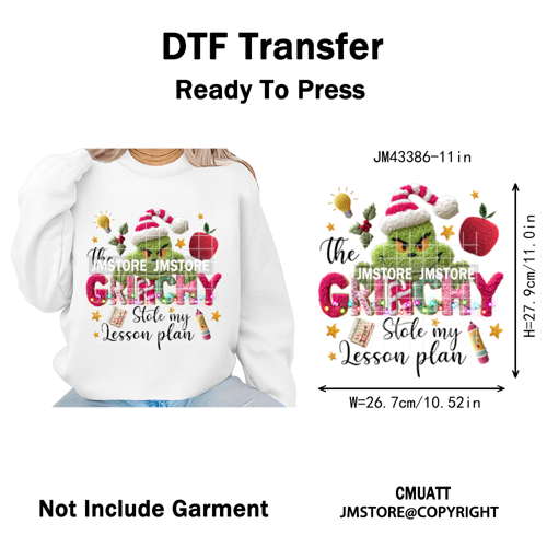 Latch Hook Faux Yarn Crochet Christmas Cartoon Green Santa Friends Iron on DTF Heat Transfer Stickers Ready to Press for Clothes