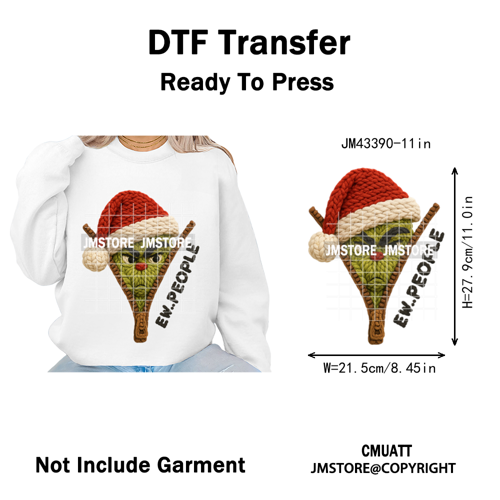 Latch Hook Faux Yarn Crochet Christmas Cartoon Green Santa Friends Iron on DTF Heat Transfer Stickers Ready to Press for Clothes