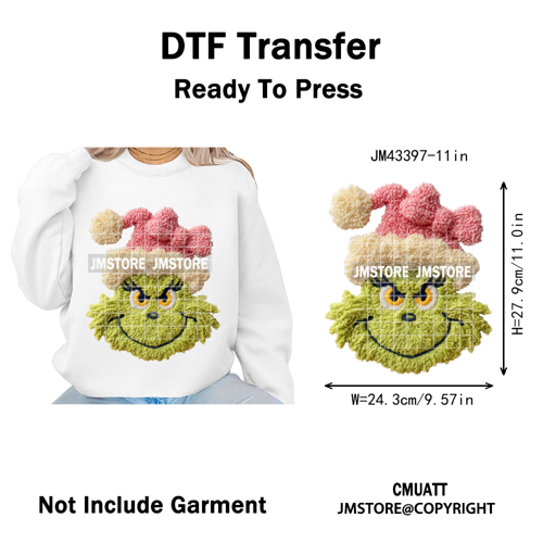 Latch Hook Faux Yarn Crochet Christmas Cartoon Green Santa Friends Iron on DTF Heat Transfer Stickers Ready to Press for Clothes