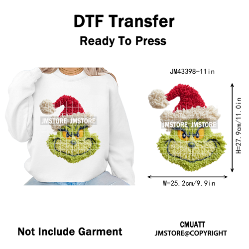 Latch Hook Faux Yarn Crochet Christmas Cartoon Green Santa Friends Iron on DTF Heat Transfer Stickers Ready to Press for Clothes