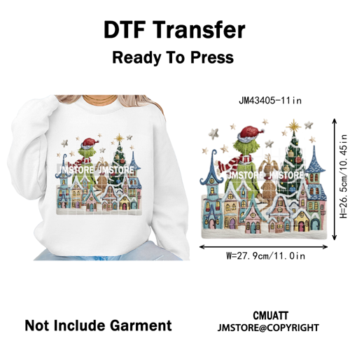 Latch Hook Faux Yarn Crochet Christmas Cartoon Green Santa Friends Iron on DTF Heat Transfer Stickers Ready to Press for Clothes