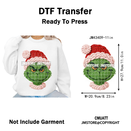 Latch Hook Faux Yarn Crochet Christmas Cartoon Green Santa Friends Iron on DTF Heat Transfer Stickers Ready to Press for Clothes