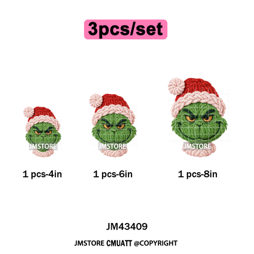 Latch Hook Faux Yarn Crochet Christmas Cartoon Green Santa Friends Iron on DTF Heat Transfer Stickers Ready to Press for Clothes