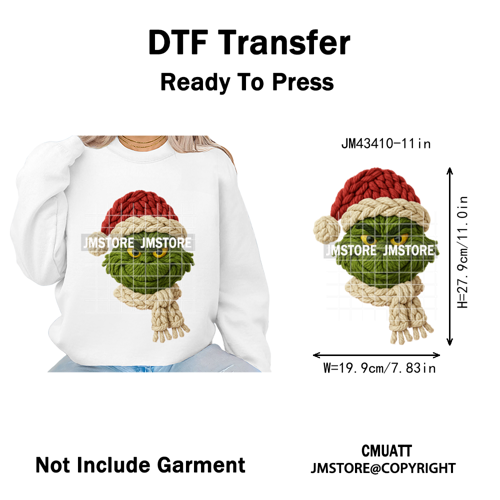 Latch Hook Faux Yarn Crochet Christmas Cartoon Green Santa Friends Iron on DTF Heat Transfer Stickers Ready to Press for Clothes