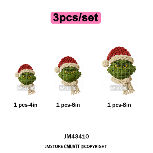 Latch Hook Faux Yarn Crochet Christmas Cartoon Green Santa Friends Iron on DTF Heat Transfer Stickers Ready to Press for Clothes