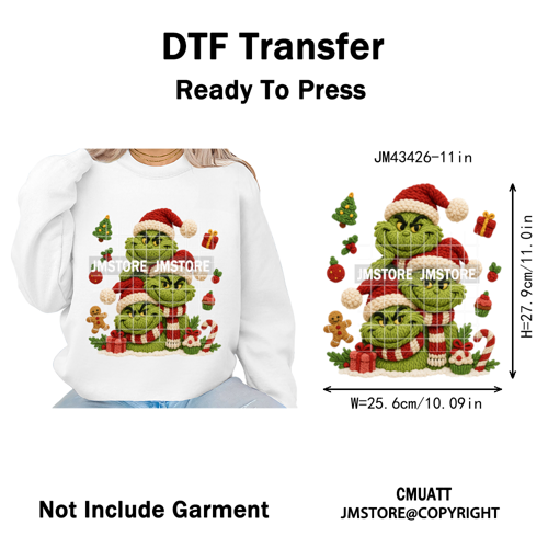 Cartoon Movie Characters Faux Yarn Crochet Christmas Holiday Iron on Washable DTF Transfers Stickers Ready to Press for Textiles