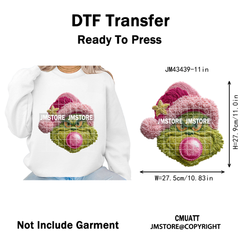 Cute Faux Yarn Merry Christmas Cartoon Green Guy Santa Xmas Iron on Washable DTF Transfers Stickers Ready to Press for Hoodies