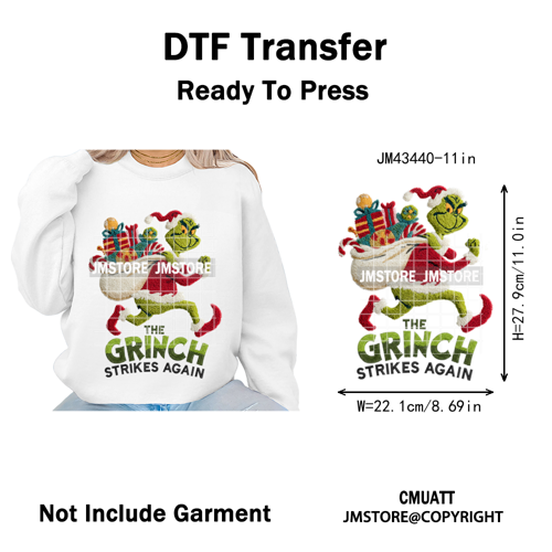 Cute Faux Yarn Merry Christmas Cartoon Green Guy Santa Xmas Iron on Washable DTF Transfers Stickers Ready to Press for Hoodies