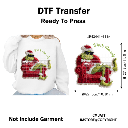 Cute Faux Yarn Merry Christmas Cartoon Green Guy Santa Xmas Iron on Washable DTF Transfers Stickers Ready to Press for Hoodies