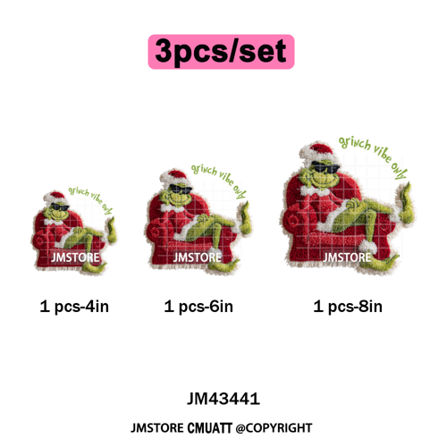 Cute Faux Yarn Merry Christmas Cartoon Green Guy Santa Xmas Iron on Washable DTF Transfers Stickers Ready to Press for Hoodies